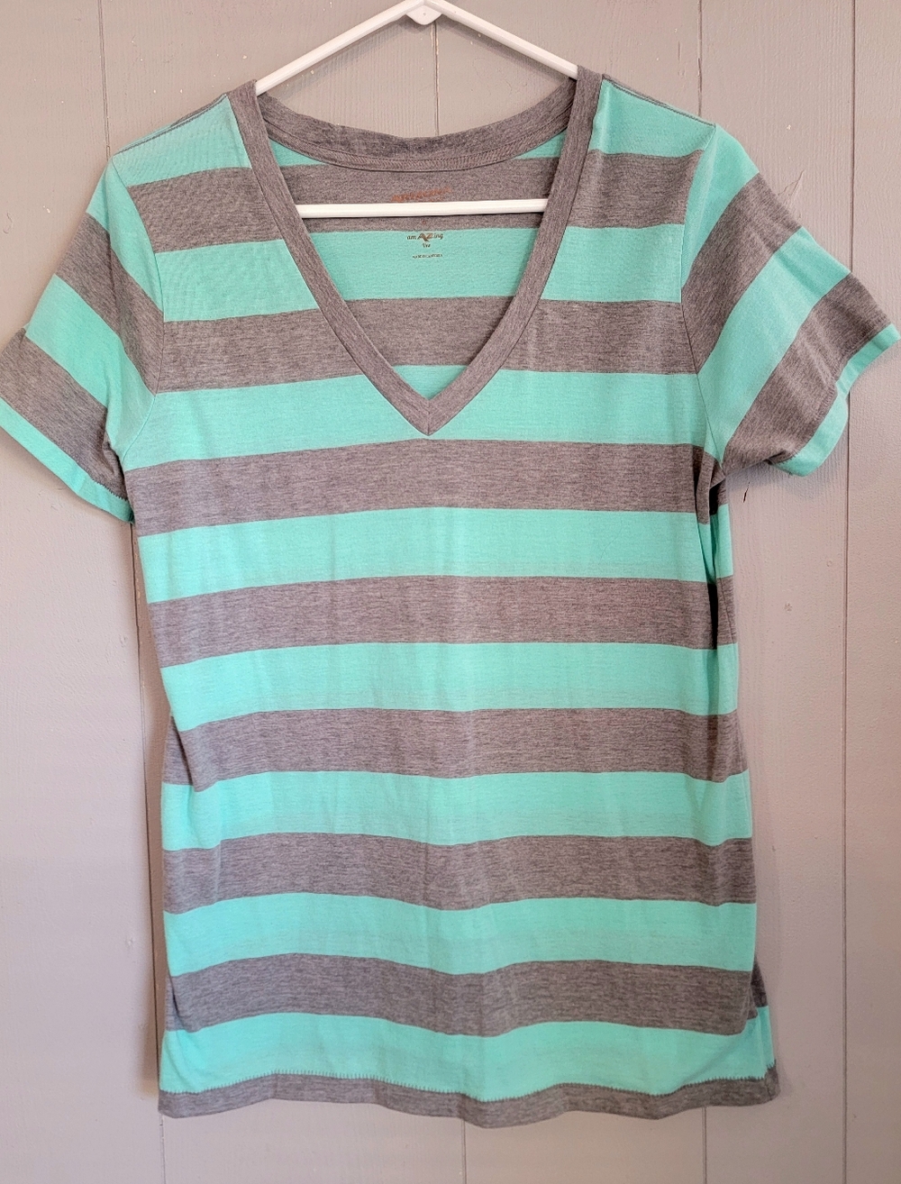 🌴 NWOT Arizona Jean Company Striped Teal & Gray V-Neck Tee, Size XL